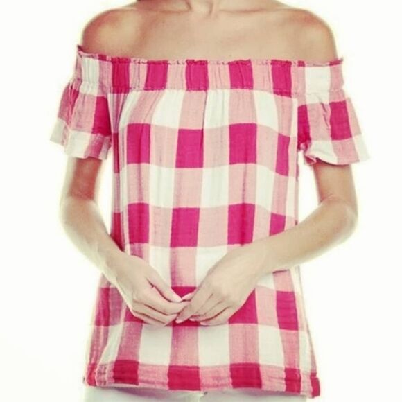 Anthro Cloth & Stone Plaid Off The Shoulder Top Sm - Picture 7 of 7